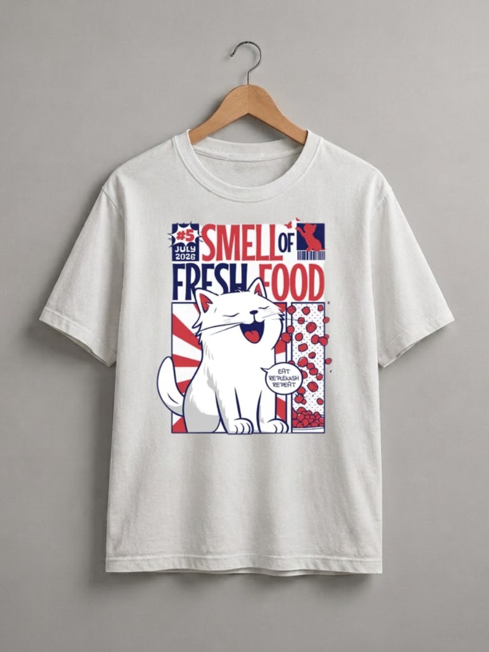 White Tee with Red & Navy Cat Graphic